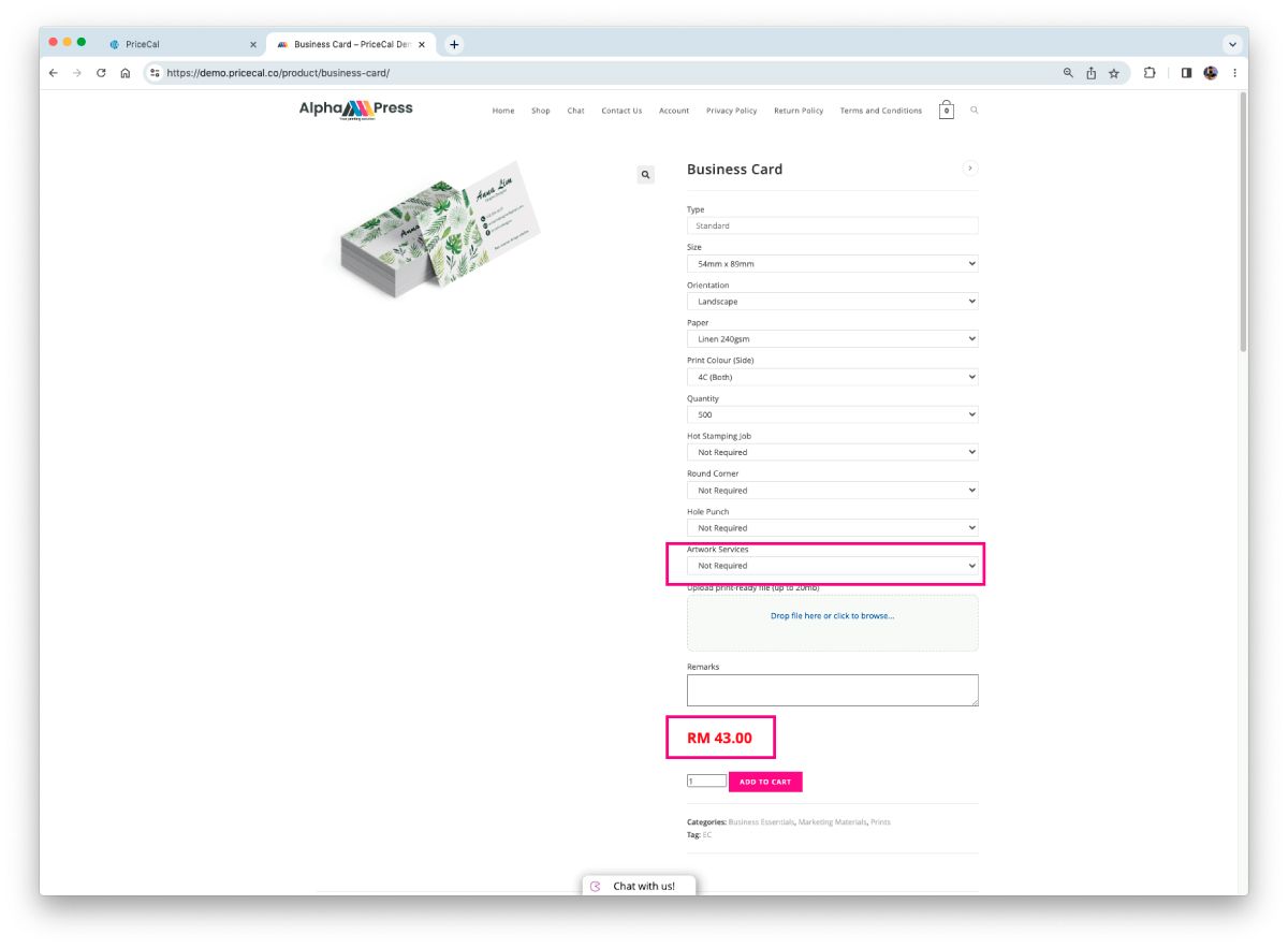 Artwork Fee Addon Pricing Module pricecal.co
